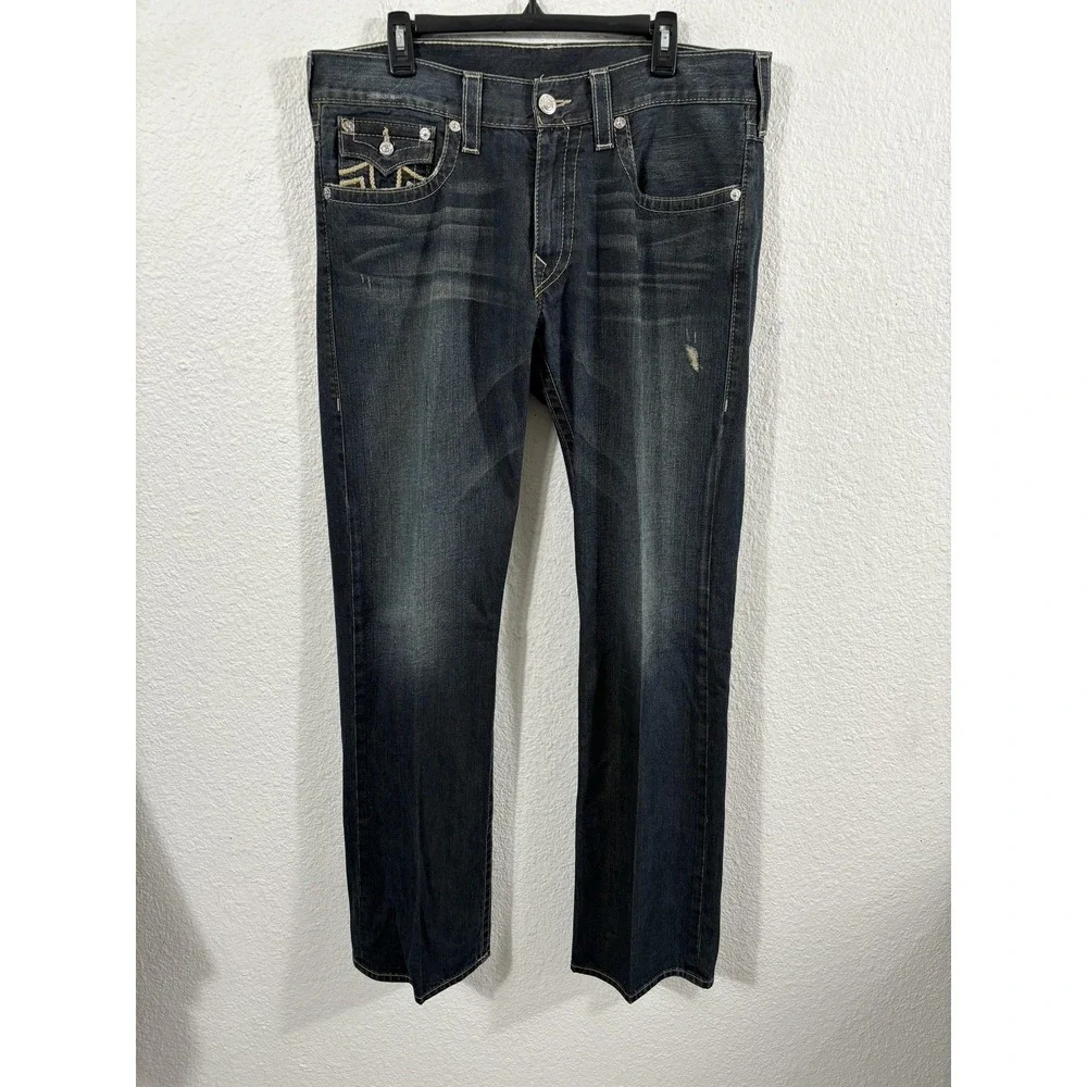 True Religion Jeans Mens 36x33.5 Dark Blue Straight Leg Made USA Contrast Stitch
